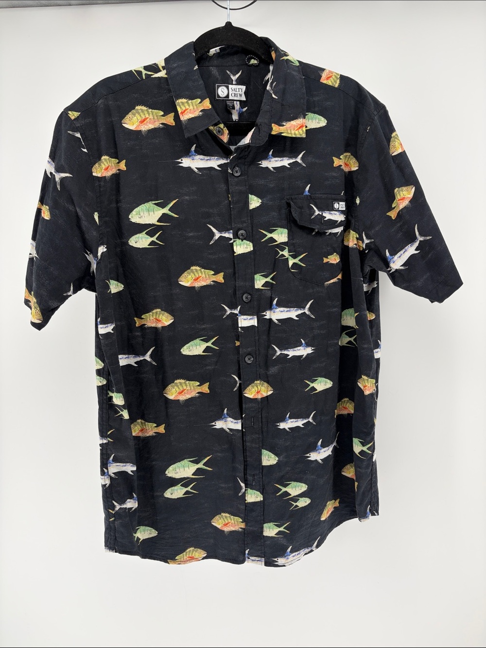 Salty Crew Fish Stamp Short-Sleeve Woven Button Shirt - L
